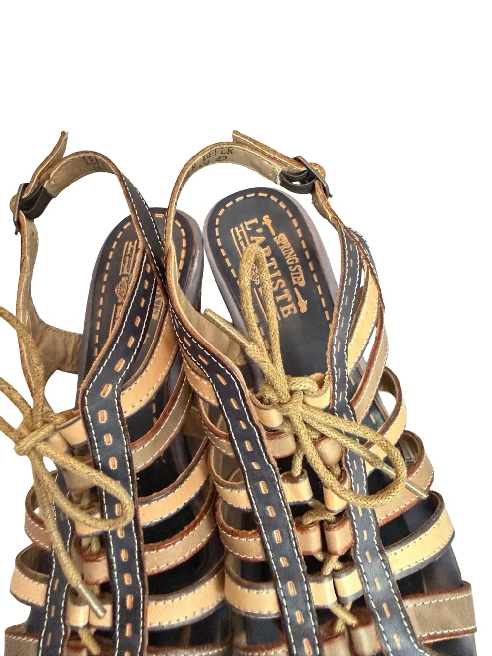 L'Artiste x Spring Step Navy Tan Leather Lace Up Wedge Sandals Size 10.5 Women's